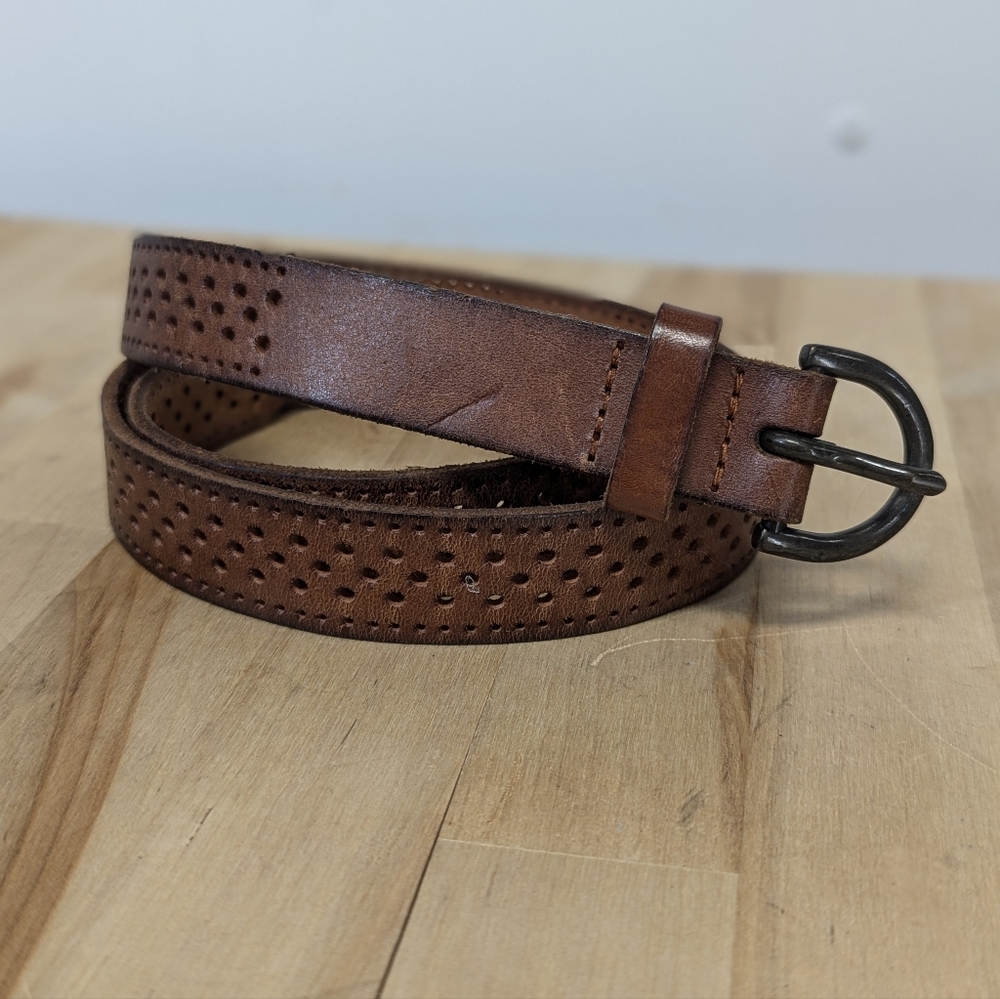 Vintage Brown Leather Belt Perforated Casual Thin S Adjustable Dark Metal Buckle
